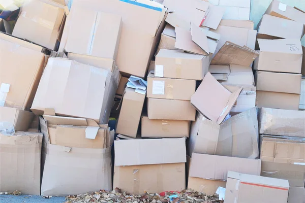 Cardboard and waste paper is collected and packaged for recycling in city. Pile of cardboard is sorting for recycled.