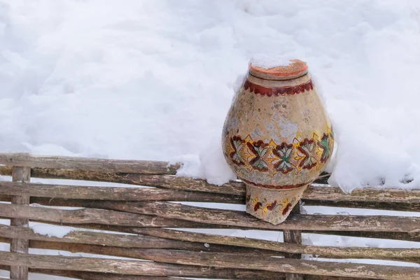 Clay Pot Stylu Vintage Plot Zimě Ukrajinský Kulturní Národní Styl — Stock fotografie