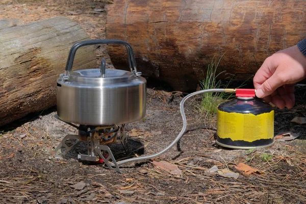 Tourist Food Outdoor Activities Metal Teapot Forest Background Enjoy Breakfast — Foto de Stock