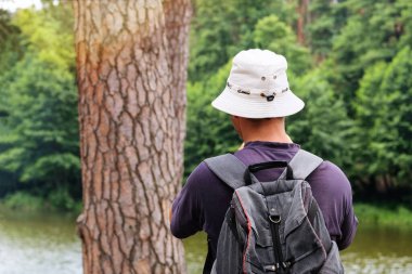 Çam ormanında sırt çantalı bir turist. Güneşli bir gün.