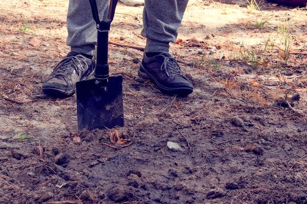 Black Shovel Human Hands Man Digs Soil Shovel Forest — Foto de Stock