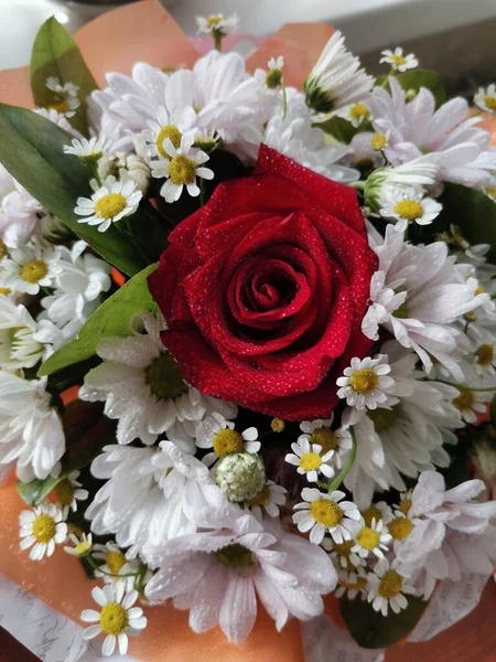 Zauberhafter Strauß Roter Rosen Und Weißer Blumen — Stockfoto
