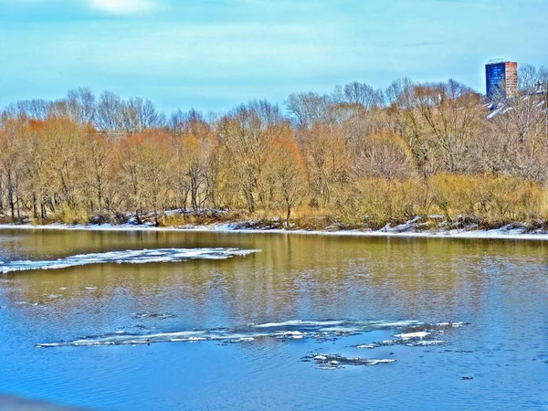 Vårlandskap Med Älv Och Skog — Stockfoto