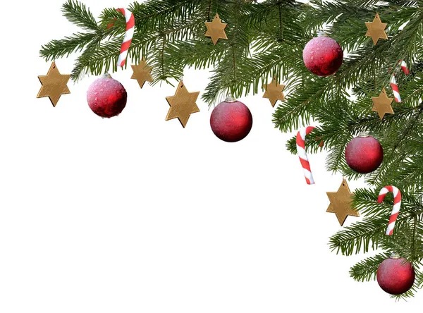 Χριστουγεννιάτικο κλαδί δέντρου απομονωμένο με κόκκινες μπάλες και αστέρια — Φωτογραφία Αρχείου
