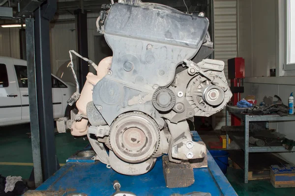 A view from the side of the removed drive belt on the car engine that stands on the blue desktop in the auto repair shop. Horizontal photo.