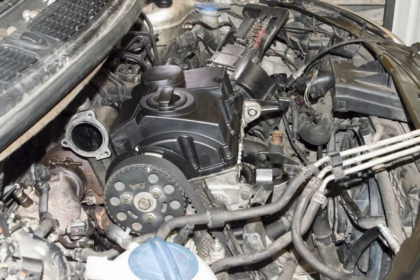 Вид Боку Вала Приводу Частково Розібраного Трициліндрового Дизельного Двигуна Внутрішнього — стокове фото