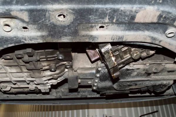 Bottom View Partially Removed Transfer Case Car Which Located Auto — Stock Photo, Image