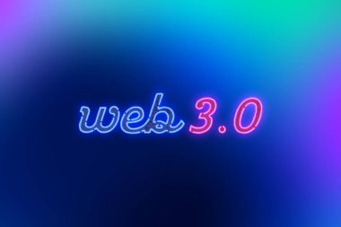Web 3.0, geleceğin dağıtılmış, merkezi olmayan bir internet ağıdır. Renkli arkaplanda neon yazılar var. engelleme zinciri kavramı