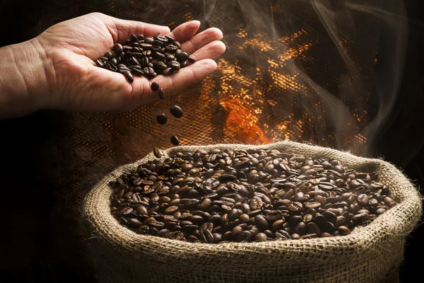 Sack full of still hot, freshly roasted coffee beans with the hand above dropping beans. — Stock Photo, Image