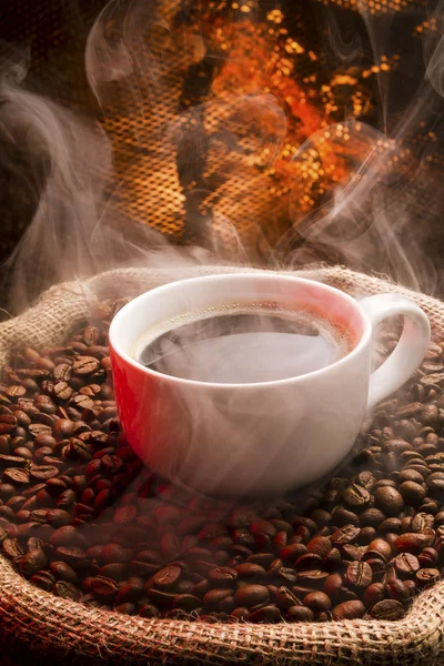 Sack full of still hot, freshly roasted coffee beans with the falling coffee beans. — Stock Photo, Image