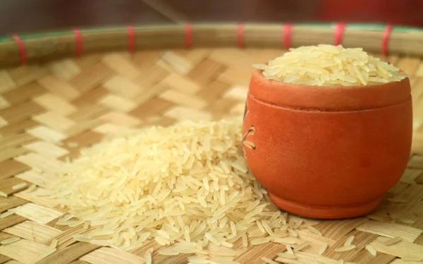 Basmati Rice Woven Bamboo — Stock Photo, Image