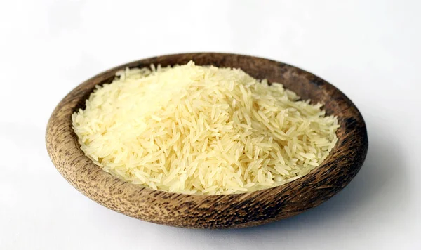Basmati Rice Wooden Plate White Background — Stock Fotó