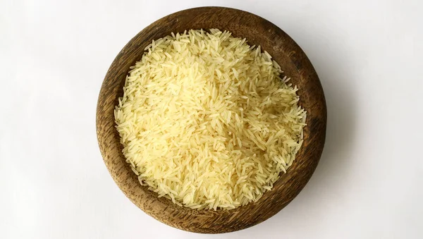 Basmati Rice Wooden Plate White Background — Fotografie, imagine de stoc