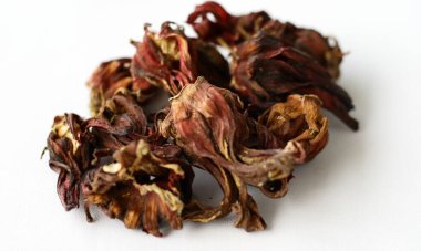 Beyaz arkaplanda kırmızı Rosella çayı.