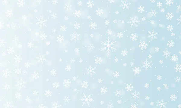 Fondo neve. Nevicate invernali. Fiocchi di neve bianchi su cielo blu. Sfondo natalizio. Neve in caduta. — Vettoriale Stock
