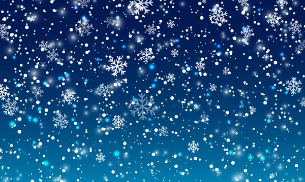 Fondo neve. Nevicate invernali. Fiocchi di neve bianchi su cielo blu. Sfondo natalizio. Neve in caduta. — Vettoriale Stock