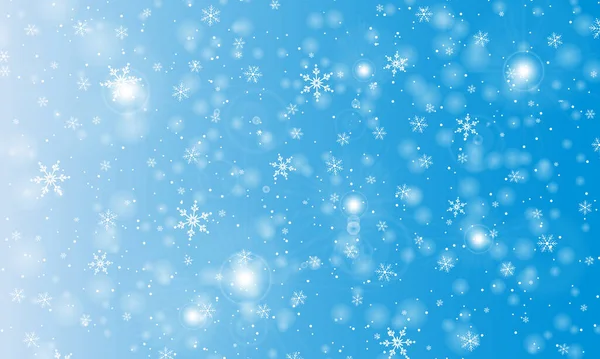 Snö bakgrund. Vintersnöfall. Vita snöflingor på blå himmel. Julbakgrund. Fallande snö. — Stock vektor