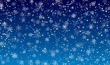 Kar zemini. Kış karı. Mavi gökyüzünde beyaz kar taneleri. Noel arkaplanı.