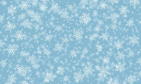 Fundo de neve. Inverno nevado. Flocos de neve brancos no céu azul. Fundo de Natal. —  Vetores de Stock