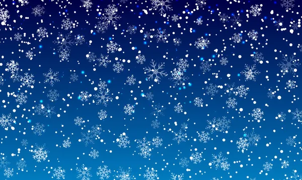 Schnee im Hintergrund. Winterlicher Schneefall. Weiße Schneeflocken am blauen Himmel. Weihnachtlicher Hintergrund. lizenzfreie Stockvektoren