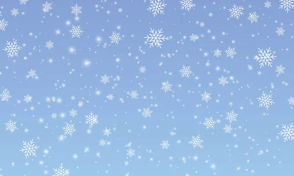 Schnee im Hintergrund. Winterlicher Schneefall. Weiße Schneeflocken am blauen Himmel. Weihnachtlicher Hintergrund. Stockvektor