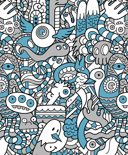 Seamless Hipster Doodle Monster Collage Pattern