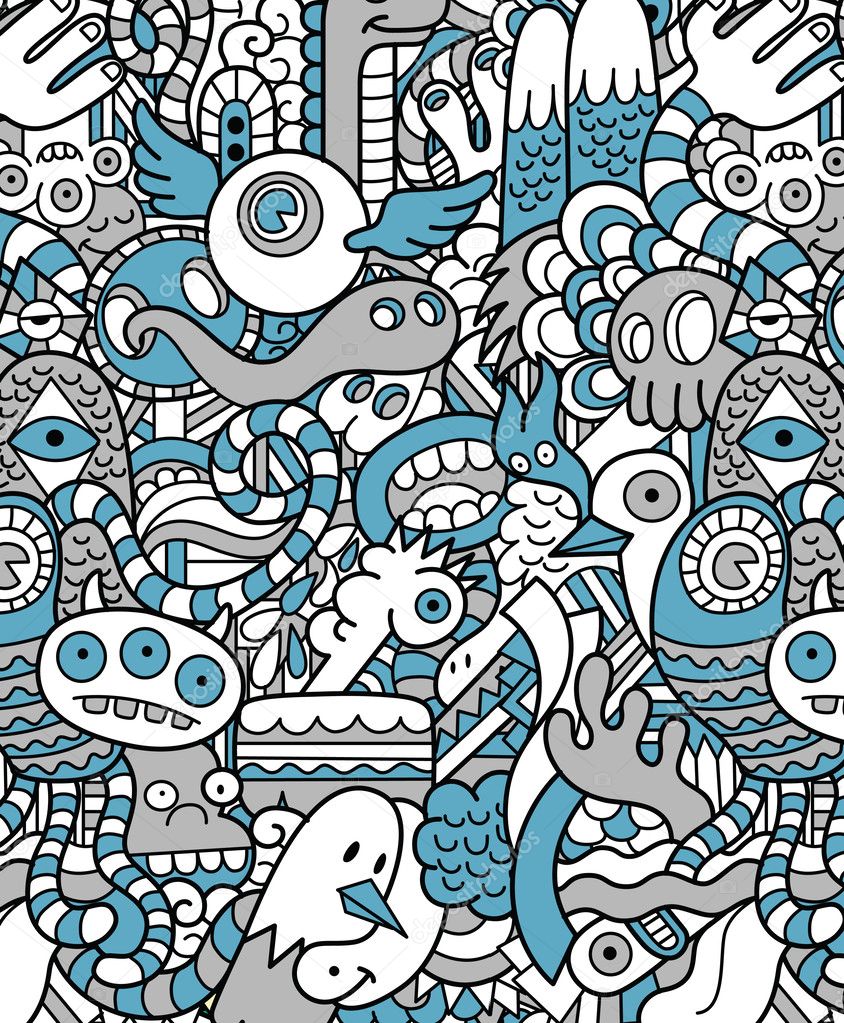 Seamless Hipster Doodle Monster Collage Pattern