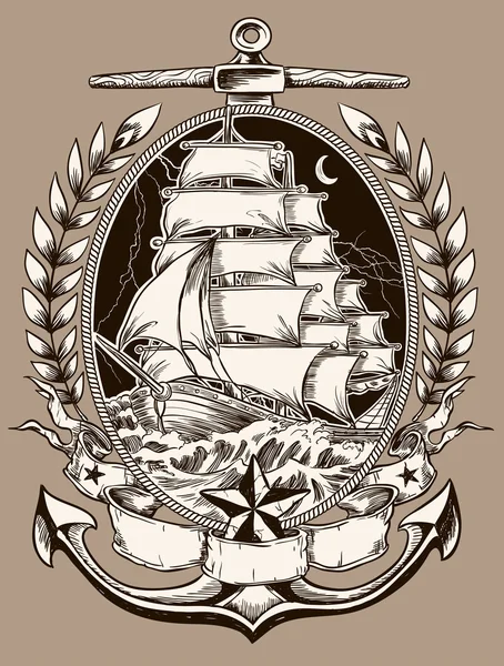 Estilo de tatuagem navio pirata em Crest —  Vetores de Stock