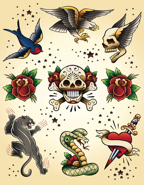 Tattoo flash vektör öğeleri kümesi — Stok Vektör