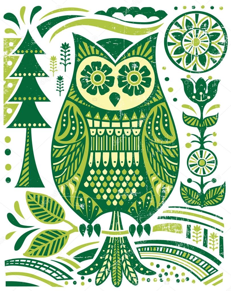 Ornate Woodblock Style Owl