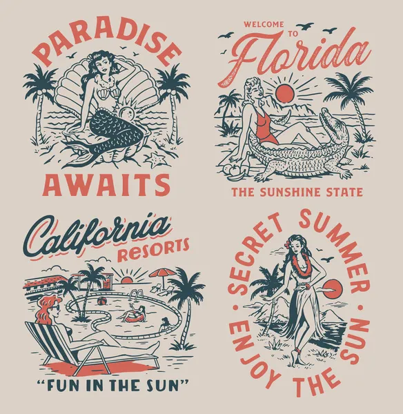 Conjunto Vintage Verano Paraíso Vacaciones Gráficos Para Carteles Camisetas Pegatinas — Vector de stock