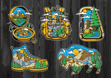 Set of Vintage Outdoor Illustrations on Wood board. Hand drawn and vector emblem designs. Great for shirts, stamps, stickers logos and labels. clipart
