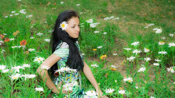 Hermosa chica en un campo de flores — Foto de Stock