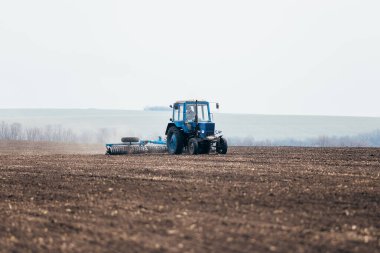 Traktör baharda alanı işliyor. Buğday ve tahıl ekimi üzerinde çalışan hasat işçisi