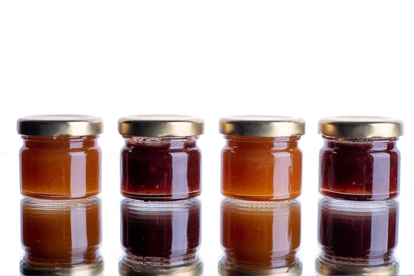 Jam Many Jars White Isolated Background Reflection Orange Jelly Apricot — Stock Photo, Image