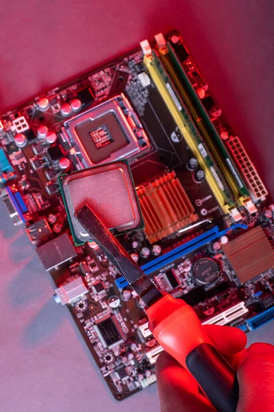 high performance personal computer repair, processor insertion, processor into motherboard socket, red neon ligh