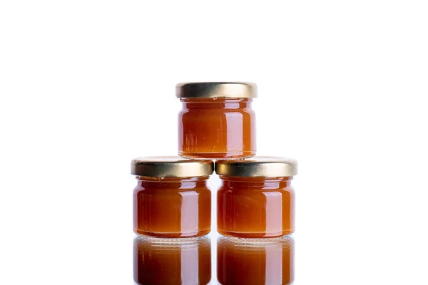 Jam Many Jars White Isolated Background Reflection Orange Jelly Apricot — Stock Photo, Image