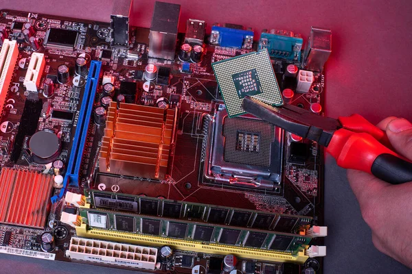 Computerprocessor Microprocessor Het Moederbord Rood Neon Licht Nieuwe Engineering Computertechnologieën — Stockfoto