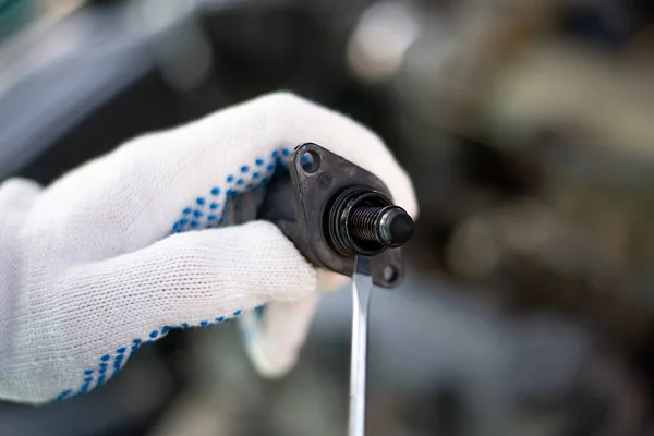 Repair Hood Car Gloved Hands Screwdriver Auto Mechanic Wor — Stockfoto
