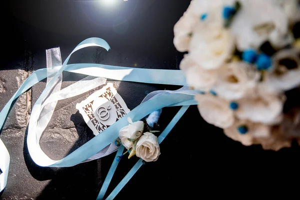 Wooden Wedding Box Gold Rings Bouquet Holiday Decor White Love — Φωτογραφία Αρχείου