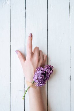 Hafif arka planda leylak çiçekleri olan sıhhiyeli bir kızın elleri. kadın sağlığı konsepti cilt temizliği