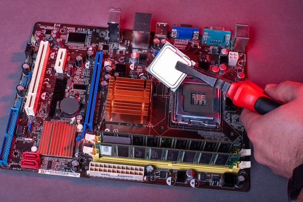 Processor Microprocessor Motherboard Red Neon Light New Engineering Computer Technologies — Stockfoto