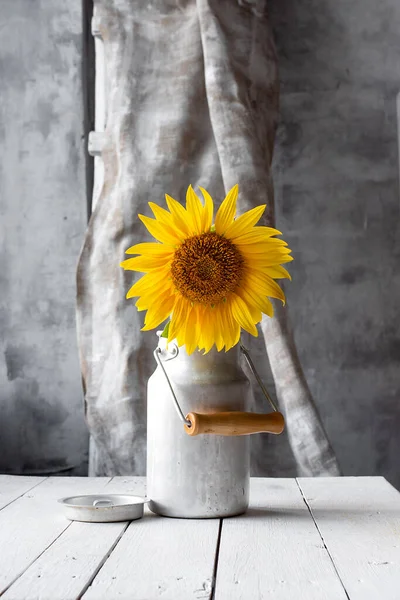 sunflower in a vase in autumn on a white table in the su