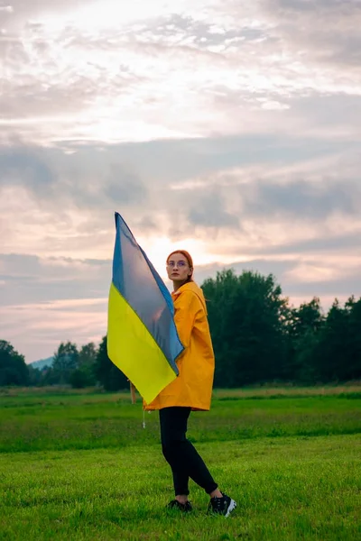 Femme Ukrainienne Sur Terrain Avec Grand Drapeau Ukraine Des Photos — Photo