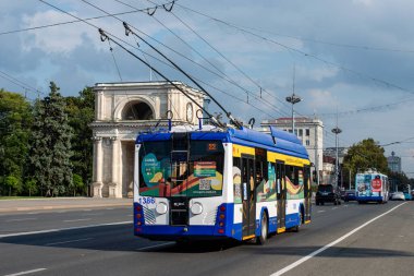 CHISINAU, MOLDOVA - September 14, 2021. Trolleybuses RTEC 62321 (BKM) #1386 and 2194 riding with passengers in the streets of Chisinau.