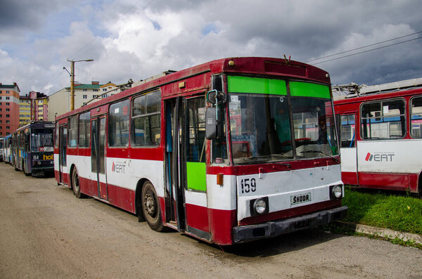 IVANO-FRANKIVSK, UKRAINE - Octeber 07, 2017. Trolleybuses Skoda 14Tr #159 (ex. Potsdam #982) and 154 in the trolleybus depot of Ivano-Frankivsk.