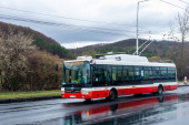 BANSKA BYSTRICA, SLOVAKIA - April 09, 2022. Trolleybus Skoda 30Tr SOR #3008 riding with passengers in the streets of Banska Bystrica.
