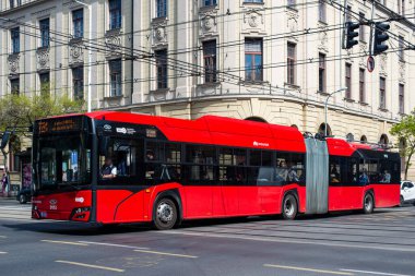 BUDAPEST, AÇIK - 14 Nisan 2022. Trolleybus Solaris Trollino Skoda # 9113 Budapeşte sokaklarında yolcularla birlikte.