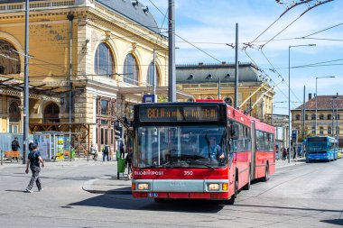 BUDAPEST, HUNGARY - April 14, 2022. Trolleybus Graf and Stift GE152 (MAN) #350 (ex. Eberswalde #040) riding with passengers in the streets of Budapest.