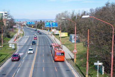 BRATISLAVA, SLOVAKIA - MARCH 03, 2022. Trolleybus Skoda 31Tr SOR #6825 riding with passengers in the streets of Bratislava.